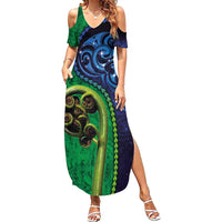 New Zealand Matariki Fern Frond Koru Summer Maxi Dress with Galaxy Blue Sky and Green Paua Shell Art