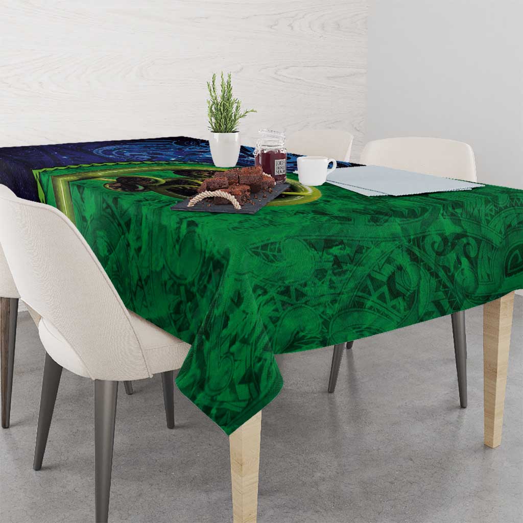 New Zealand Matariki Fern Frond Koru Tablecloth with Galaxy Blue Sky and Green Paua Shell Art