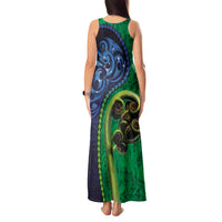 New Zealand Matariki Fern Frond Koru Tank Maxi Dress with Galaxy Blue Sky and Green Paua Shell Art