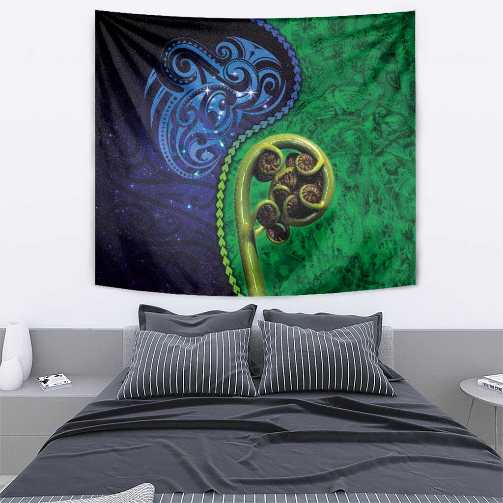 New Zealand Matariki Fern Frond Koru Tapestry with Galaxy Blue Sky and Green Paua Shell Art
