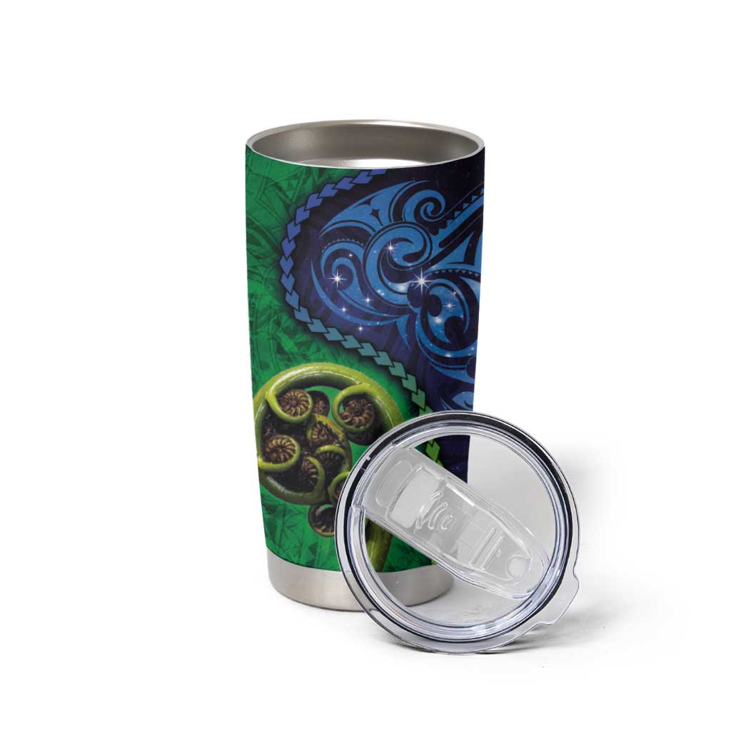 New Zealand Matariki Fern Frond Koru Tumbler Cup with Galaxy Blue Sky and Green Paua Shell Art