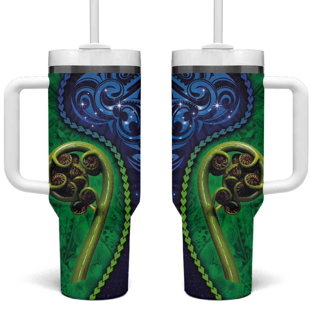 New Zealand Matariki Fern Frond Koru Tumbler With Handle with Galaxy Blue Sky and Green Paua Shell Art