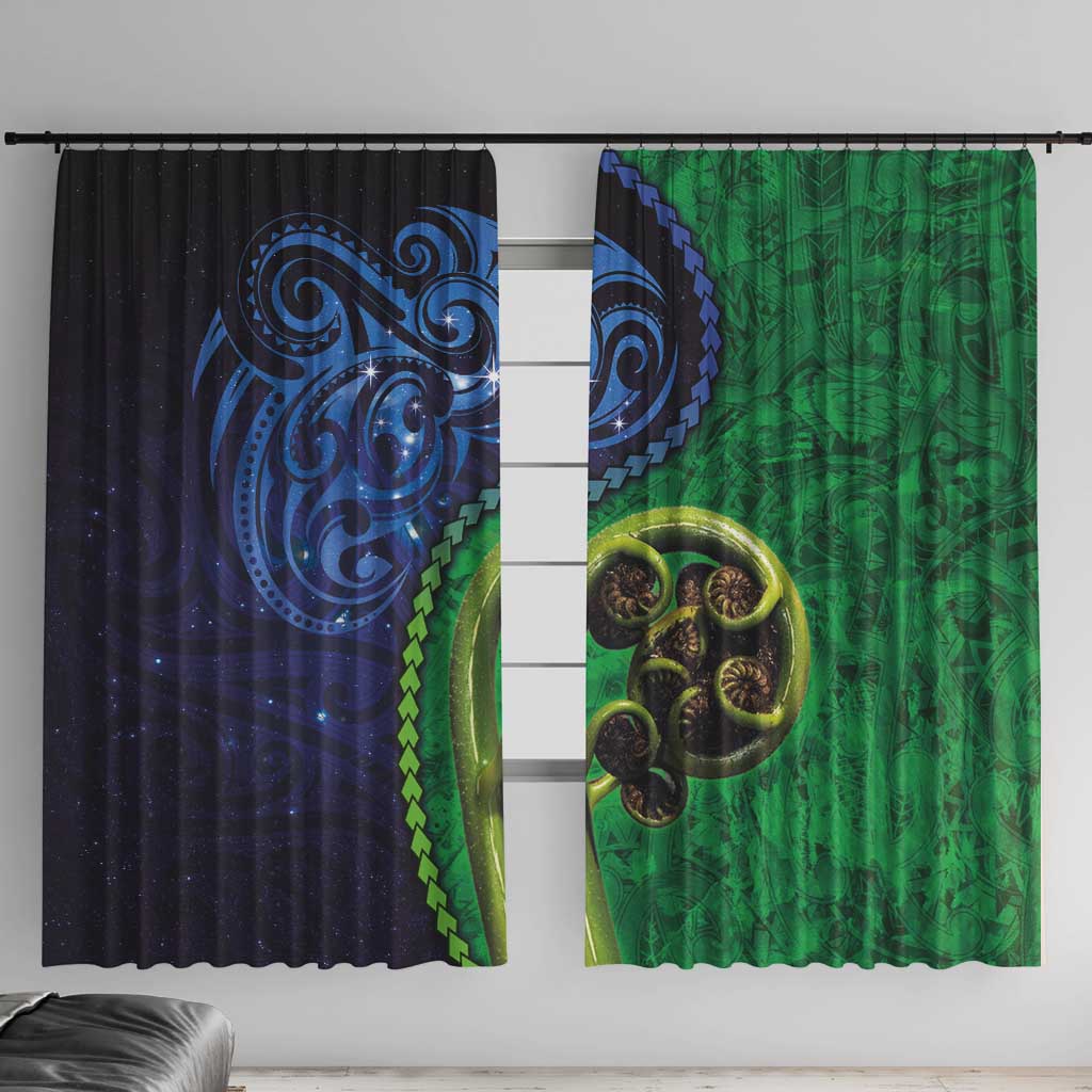 New Zealand Matariki Fern Frond Koru Window Curtain with Galaxy Blue Sky and Green Paua Shell Art