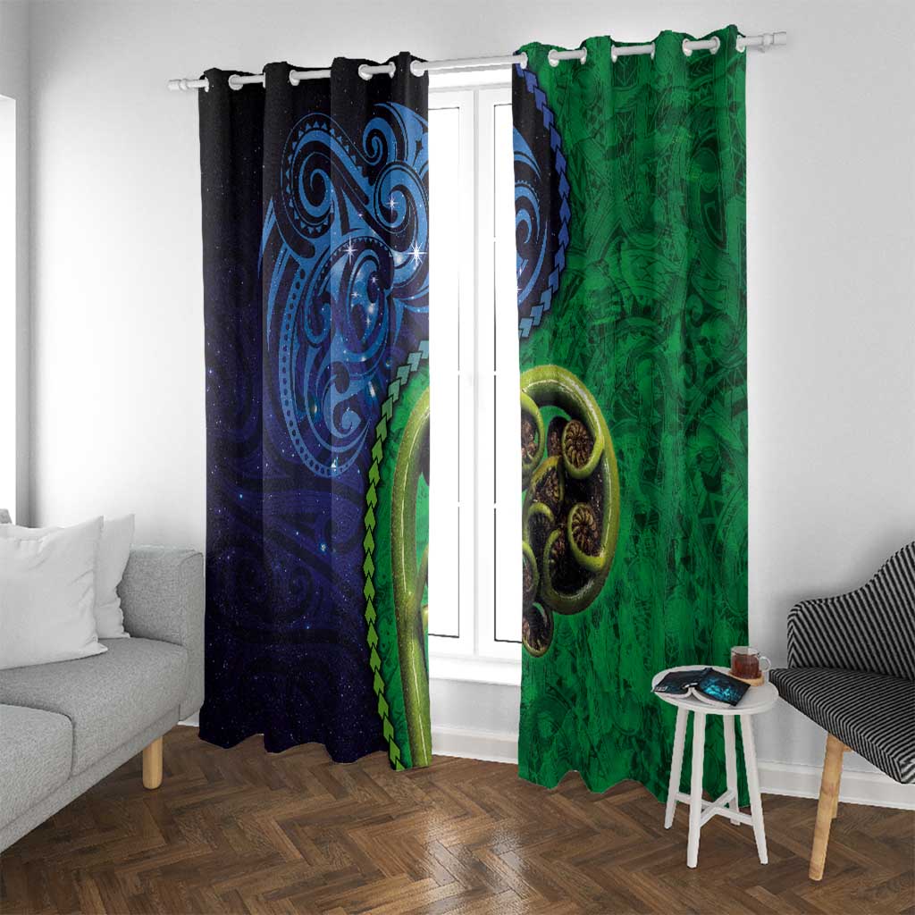 New Zealand Matariki Fern Frond Koru Window Curtain with Galaxy Blue Sky and Green Paua Shell Art