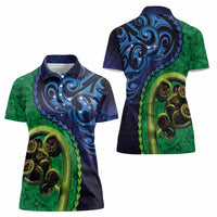 New Zealand Matariki Fern Frond Koru Women Polo Shirt with Galaxy Blue Sky and Green Paua Shell Art