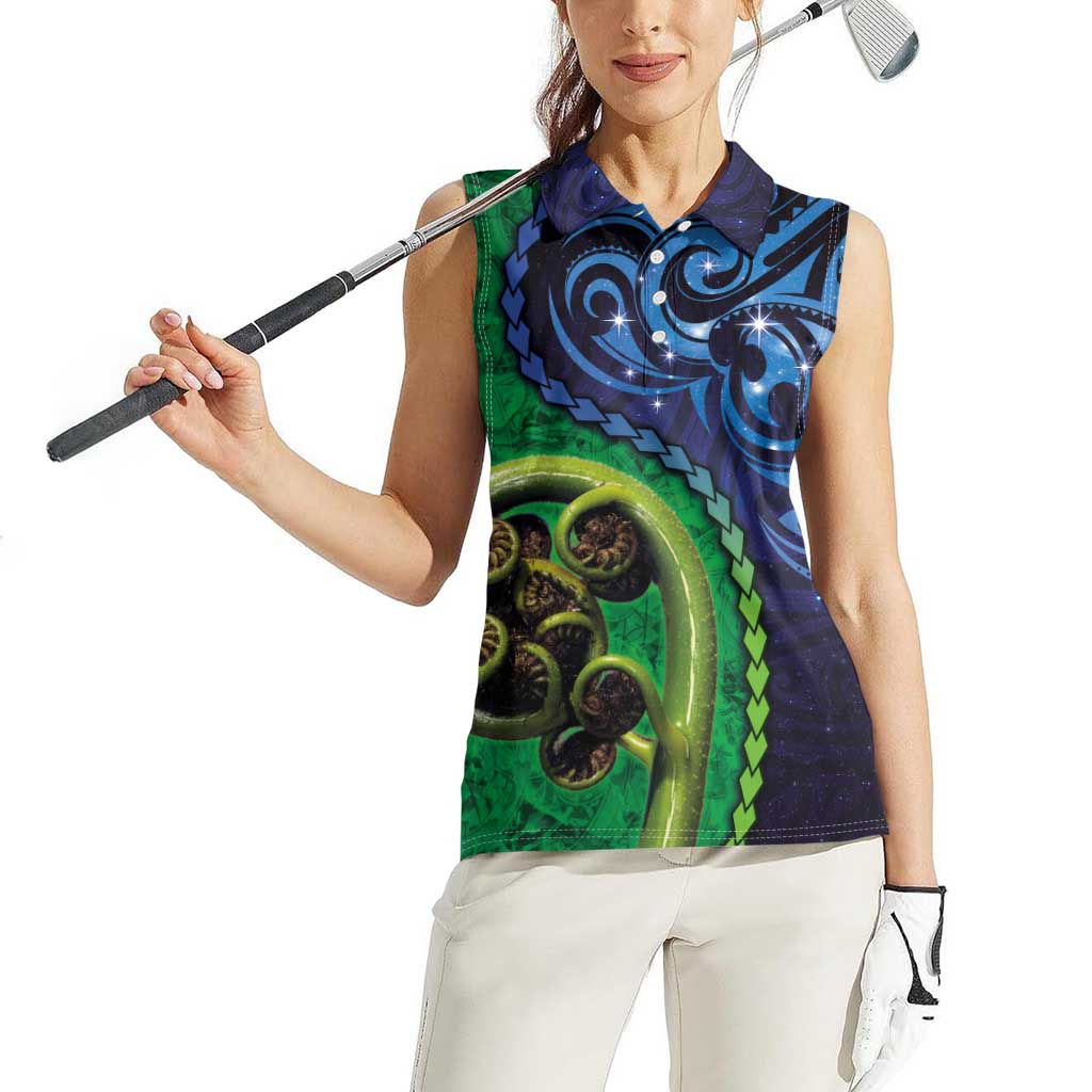 New Zealand Matariki Fern Frond Koru Women Sleeveless Polo Shirt with Galaxy Blue Sky and Green Paua Shell Art