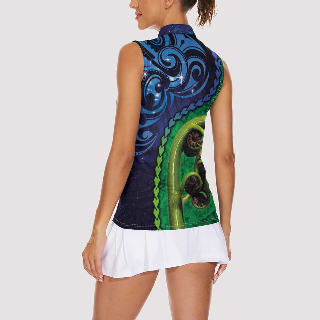 New Zealand Matariki Fern Frond Koru Women Sleeveless Polo Shirt with Galaxy Blue Sky and Green Paua Shell Art