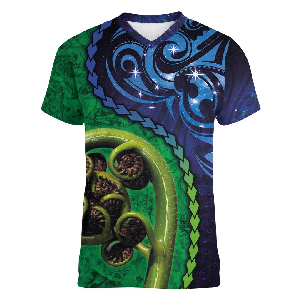 New Zealand Matariki Fern Frond Koru Women V-Neck T-Shirt with Galaxy Blue Sky and Green Paua Shell Art