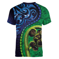 New Zealand Matariki Fern Frond Koru Women V-Neck T-Shirt with Galaxy Blue Sky and Green Paua Shell Art