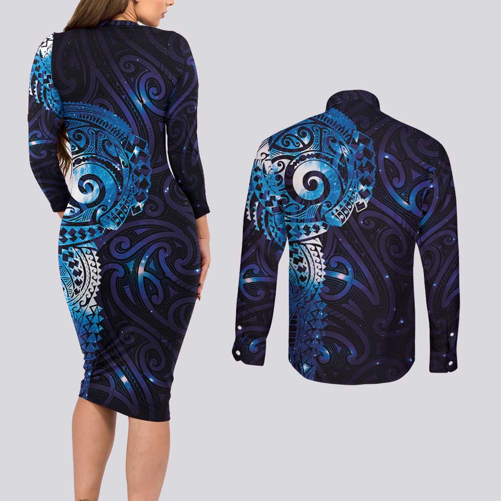 Matariki New Zealand Maori Koru Art Tattoo Couples Matching Long Sleeve Bodycon Dress and Long Sleeve Button Shirt New Year Galaxy Blue Sky Style