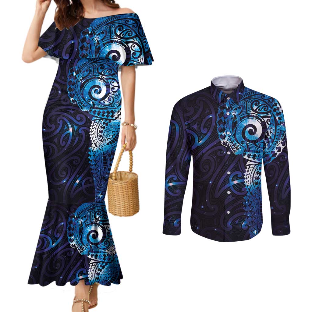 Matariki New Zealand Maori Koru Art Tattoo Couples Matching Mermaid Dress and Long Sleeve Button Shirt New Year Galaxy Blue Sky Style