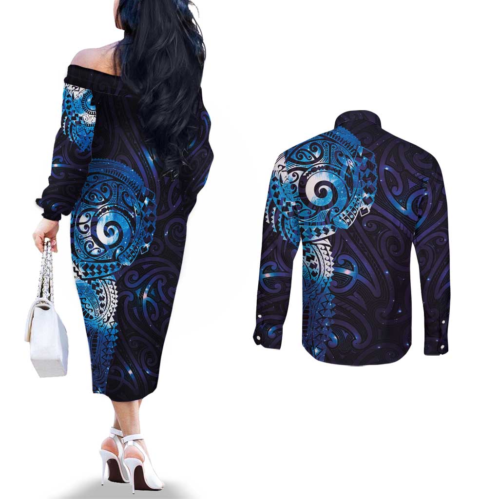 Matariki New Zealand Maori Koru Art Tattoo Couples Matching Off The Shoulder Long Sleeve Dress and Long Sleeve Button Shirt New Year Galaxy Blue Sky Style