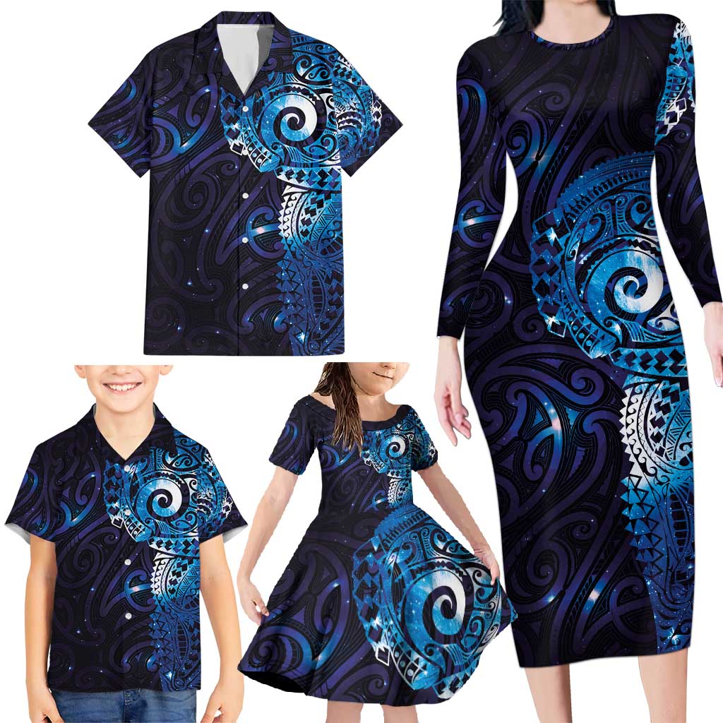 Matariki New Zealand Maori Koru Art Tattoo Family Matching Long Sleeve Bodycon Dress and Hawaiian Shirt New Year Galaxy Blue Sky Style