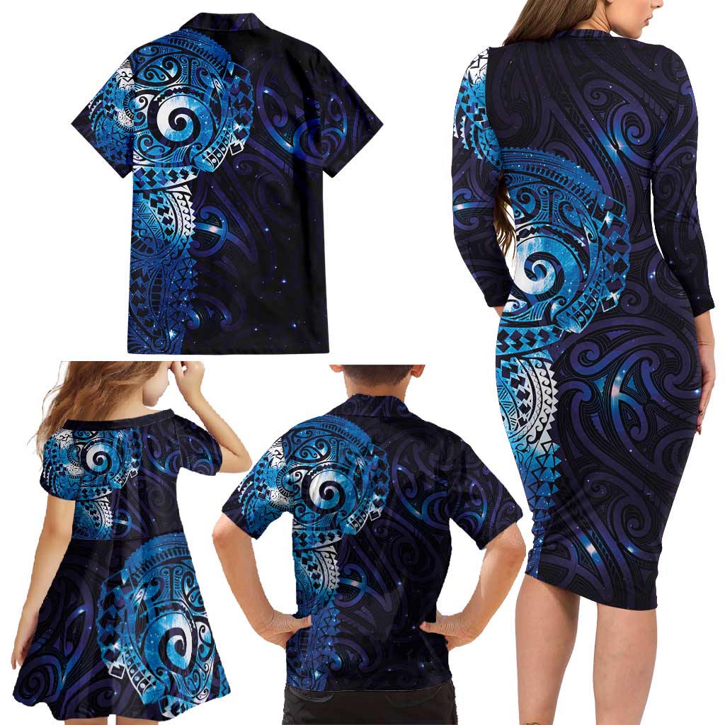 Matariki New Zealand Maori Koru Art Tattoo Family Matching Long Sleeve Bodycon Dress and Hawaiian Shirt New Year Galaxy Blue Sky Style