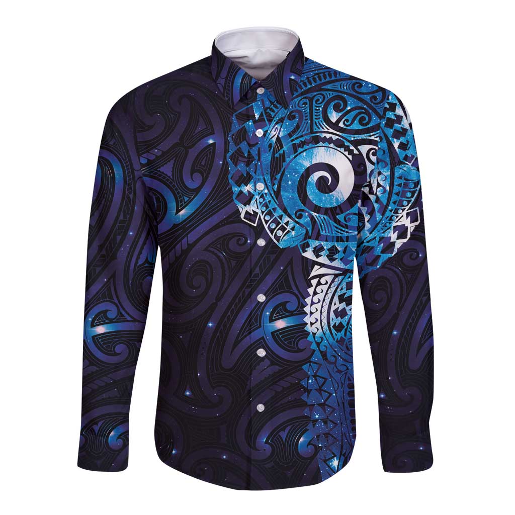 Matariki New Zealand Maori Koru Art Tattoo Long Sleeve Button Shirt New Year Galaxy Blue Sky Style