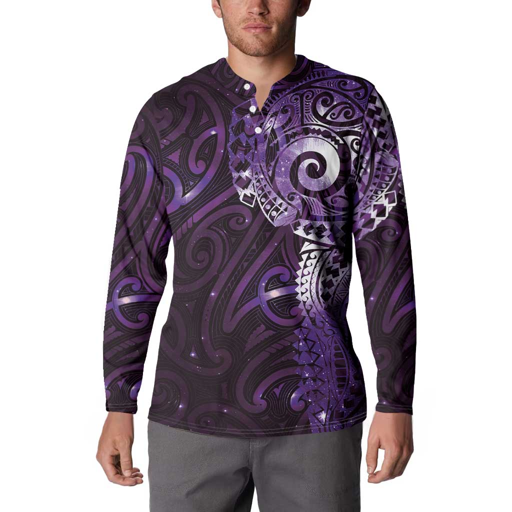 Matariki New Zealand Maori Koru Art Tattoo Button Sweatshirt New Year Galaxy Purple Sky Style