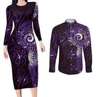 Matariki New Zealand Maori Koru Art Tattoo Couples Matching Long Sleeve Bodycon Dress and Long Sleeve Button Shirt New Year Galaxy Purple Sky Style