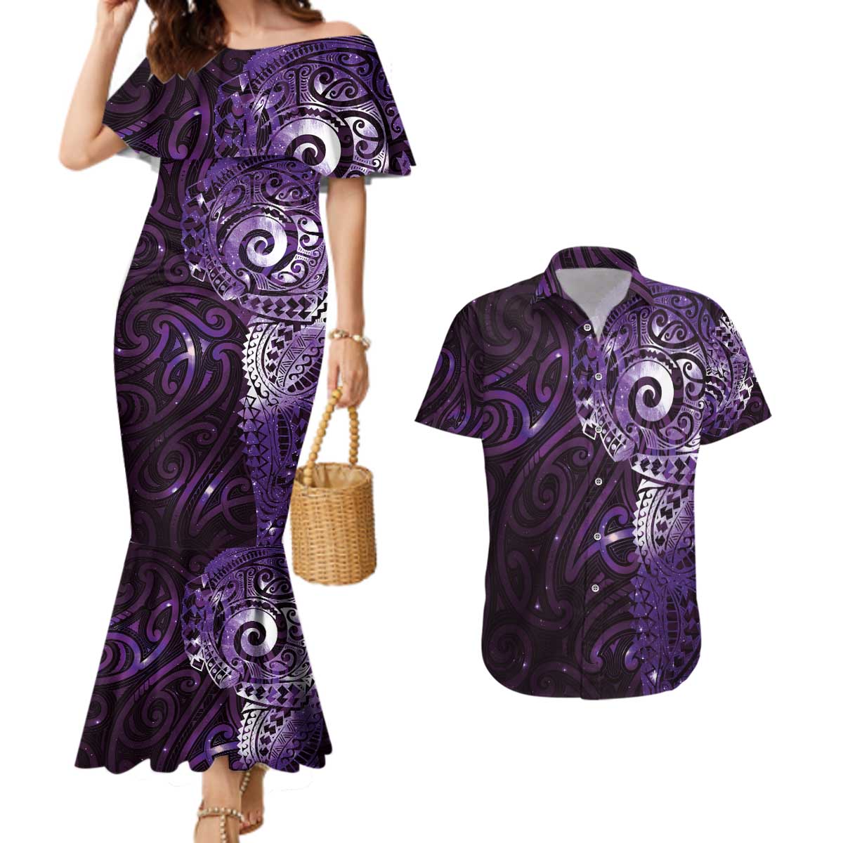 Matariki New Zealand Maori Koru Art Tattoo Couples Matching Mermaid Dress and Hawaiian Shirt New Year Galaxy Purple Sky Style