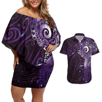 Matariki New Zealand Maori Koru Art Tattoo Couples Matching Off Shoulder Short Dress and Hawaiian Shirt New Year Galaxy Purple Sky Style