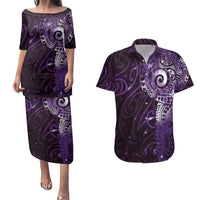Matariki New Zealand Maori Koru Art Tattoo Couples Matching Puletasi and Hawaiian Shirt New Year Galaxy Purple Sky Style