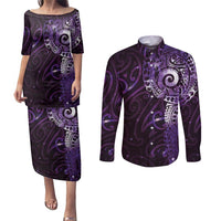 Matariki New Zealand Maori Koru Art Tattoo Couples Matching Puletasi and Long Sleeve Button Shirt New Year Galaxy Purple Sky Style