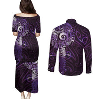 Matariki New Zealand Maori Koru Art Tattoo Couples Matching Puletasi and Long Sleeve Button Shirt New Year Galaxy Purple Sky Style