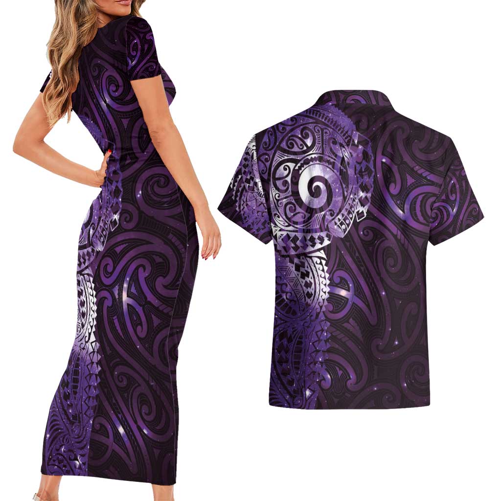 Matariki New Zealand Maori Koru Art Tattoo Couples Matching Short Sleeve Bodycon Dress and Hawaiian Shirt New Year Galaxy Purple Sky Style