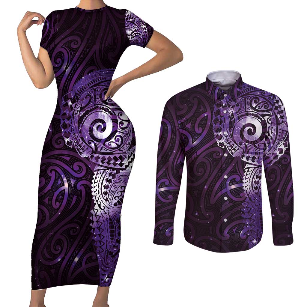 Matariki New Zealand Maori Koru Art Tattoo Couples Matching Short Sleeve Bodycon Dress and Long Sleeve Button Shirt New Year Galaxy Purple Sky Style