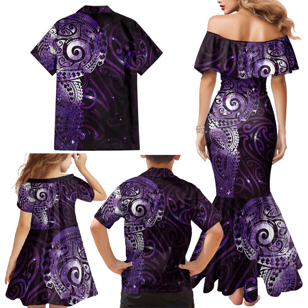 Matariki New Zealand Maori Koru Art Tattoo Family Matching Mermaid Dress and Hawaiian Shirt New Year Galaxy Purple Sky Style