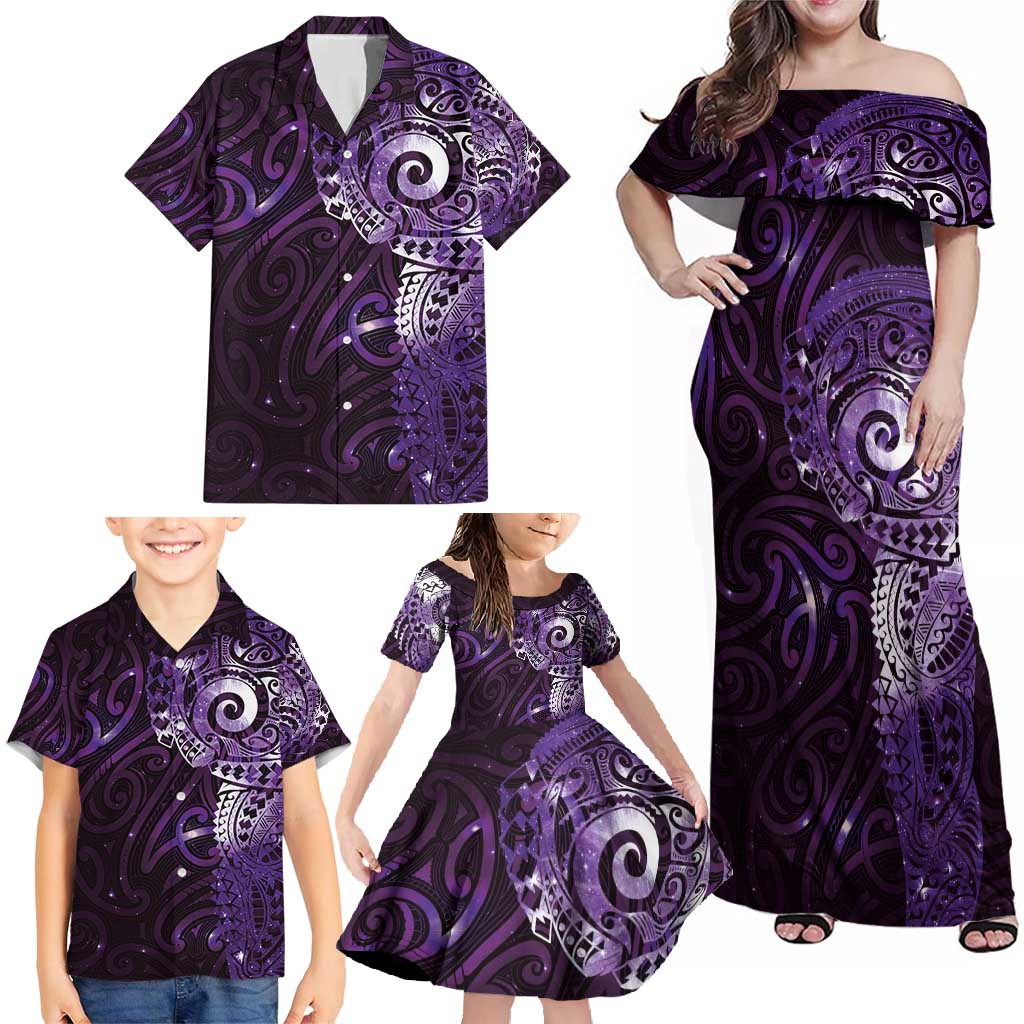 Matariki New Zealand Maori Koru Art Tattoo Family Matching Off Shoulder Maxi Dress and Hawaiian Shirt New Year Galaxy Purple Sky Style