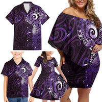 Matariki New Zealand Maori Koru Art Tattoo Family Matching Off Shoulder Short Dress and Hawaiian Shirt New Year Galaxy Purple Sky Style