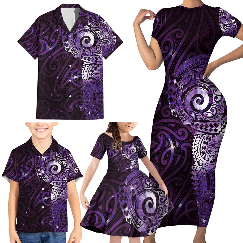 Matariki New Zealand Maori Koru Art Tattoo Family Matching Short Sleeve Bodycon Dress and Hawaiian Shirt New Year Galaxy Purple Sky Style