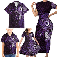 Matariki New Zealand Maori Koru Art Tattoo Family Matching Short Sleeve Bodycon Dress and Hawaiian Shirt New Year Galaxy Purple Sky Style