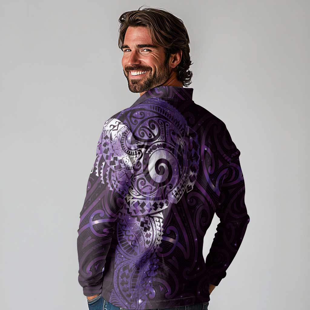 Matariki New Zealand Maori Koru Art Tattoo Long Sleeve Polo Shirt New Year Galaxy Purple Sky Style