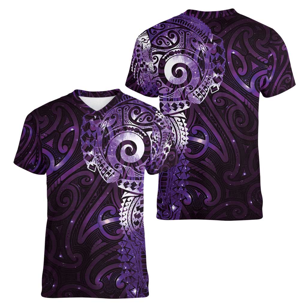 Matariki New Zealand Maori Koru Art Tattoo Women V-Neck T-Shirt New Year Galaxy Purple Sky Style