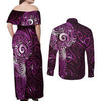 Matariki New Zealand Maori Koru Art Tattoo Couples Matching Off Shoulder Maxi Dress and Long Sleeve Button Shirt New Year Galaxy Pink Sky Style