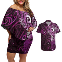 Matariki New Zealand Maori Koru Art Tattoo Couples Matching Off Shoulder Short Dress and Hawaiian Shirt New Year Galaxy Pink Sky Style