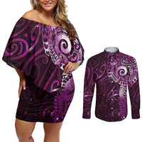 Matariki New Zealand Maori Koru Art Tattoo Couples Matching Off Shoulder Short Dress and Long Sleeve Button Shirt New Year Galaxy Pink Sky Style