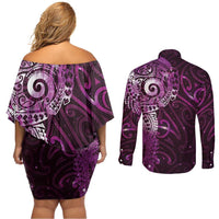 Matariki New Zealand Maori Koru Art Tattoo Couples Matching Off Shoulder Short Dress and Long Sleeve Button Shirt New Year Galaxy Pink Sky Style