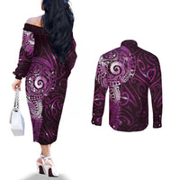 Matariki New Zealand Maori Koru Art Tattoo Couples Matching Off The Shoulder Long Sleeve Dress and Long Sleeve Button Shirt New Year Galaxy Pink Sky Style