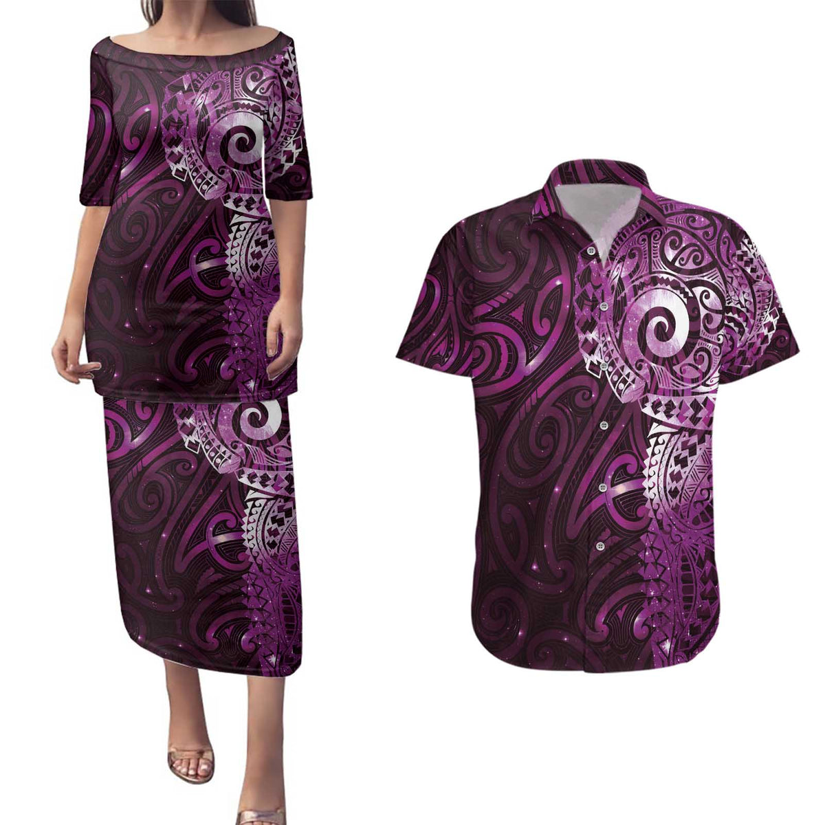 Matariki New Zealand Maori Koru Art Tattoo Couples Matching Puletasi and Hawaiian Shirt New Year Galaxy Pink Sky Style