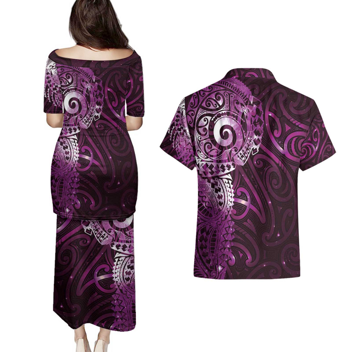 Matariki New Zealand Maori Koru Art Tattoo Couples Matching Puletasi and Hawaiian Shirt New Year Galaxy Pink Sky Style