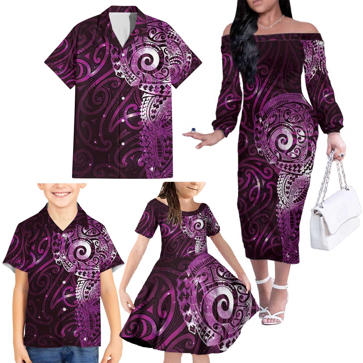 Matariki New Zealand Maori Koru Art Tattoo Family Matching Off The Shoulder Long Sleeve Dress and Hawaiian Shirt New Year Galaxy Pink Sky Style