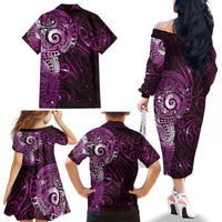 Matariki New Zealand Maori Koru Art Tattoo Family Matching Off The Shoulder Long Sleeve Dress and Hawaiian Shirt New Year Galaxy Pink Sky Style