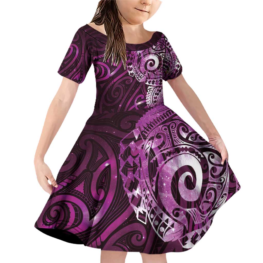 Matariki New Zealand Maori Koru Art Tattoo Family Matching Off Shoulder Short Dress and Hawaiian Shirt New Year Galaxy Pink Sky Style