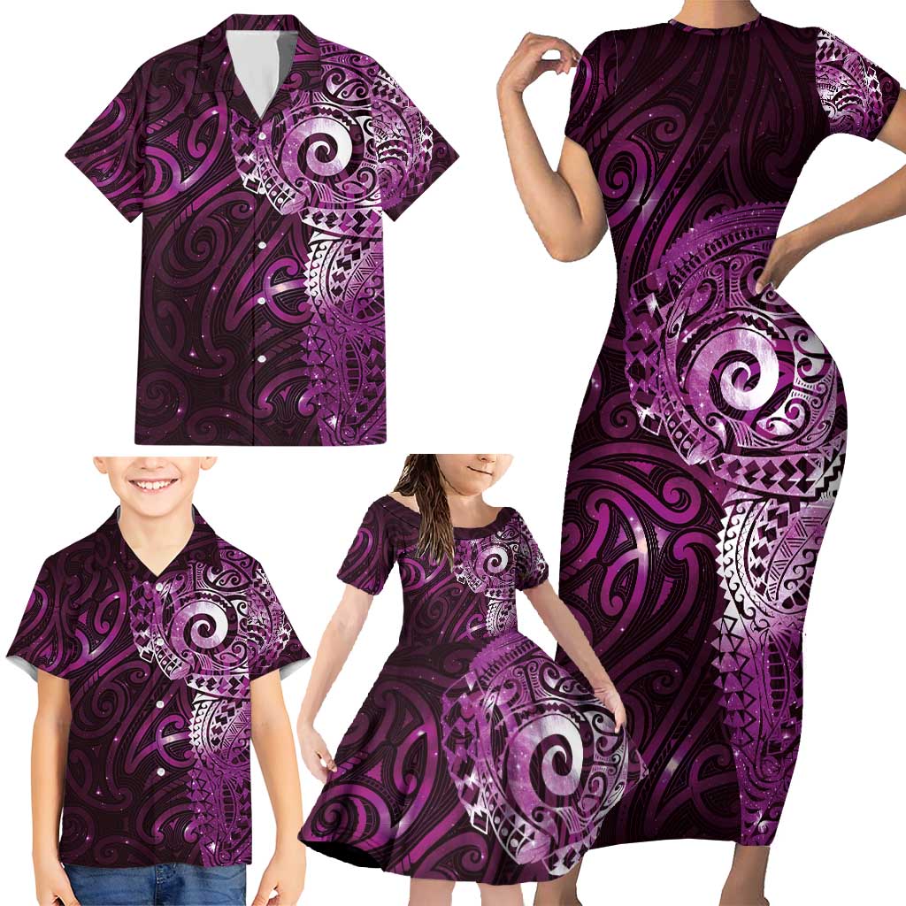 Matariki New Zealand Maori Koru Art Tattoo Family Matching Short Sleeve Bodycon Dress and Hawaiian Shirt New Year Galaxy Pink Sky Style