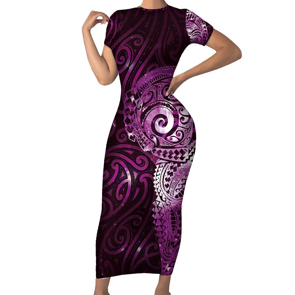 Matariki New Zealand Maori Koru Art Tattoo Family Matching Short Sleeve Bodycon Dress and Hawaiian Shirt New Year Galaxy Pink Sky Style