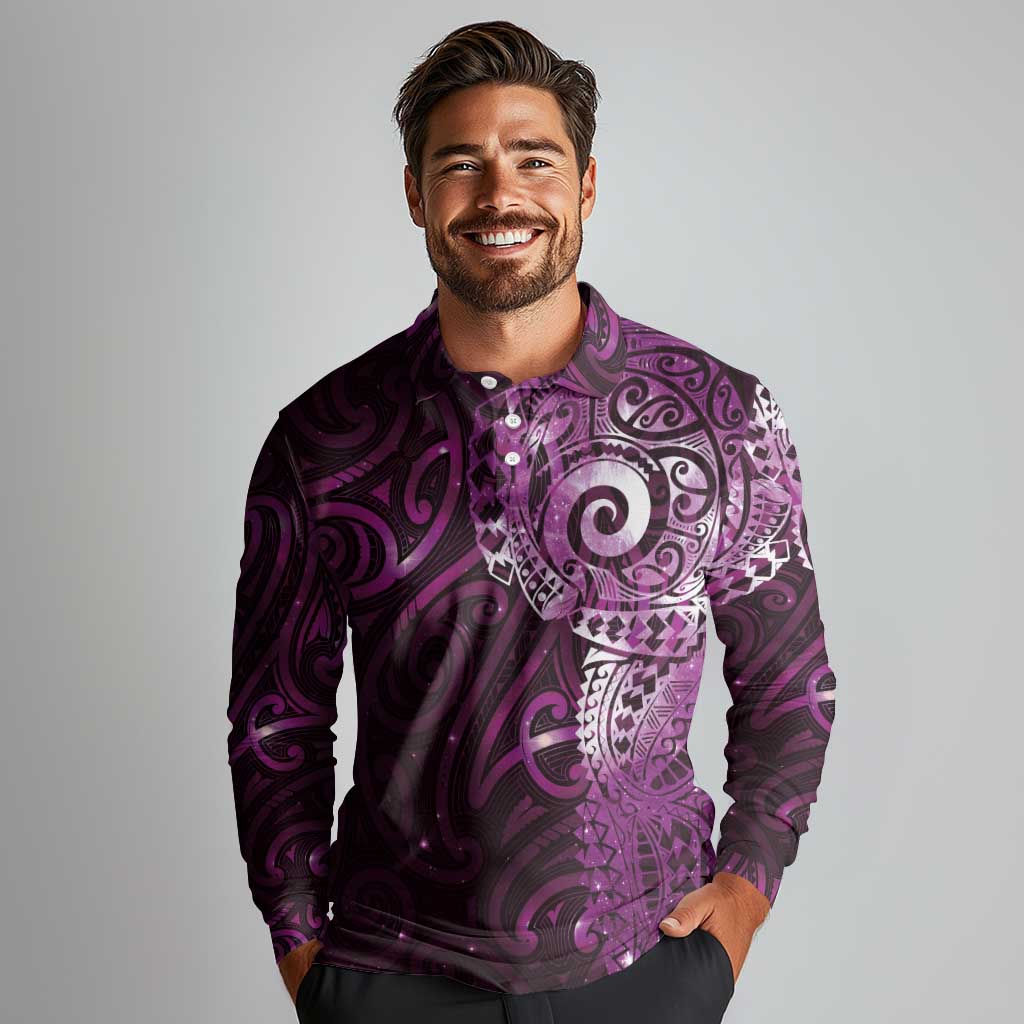 Matariki New Zealand Maori Koru Art Tattoo Long Sleeve Polo Shirt New Year Galaxy Pink Sky Style