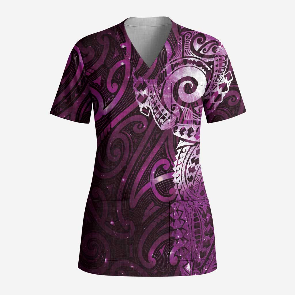 Matariki New Zealand Maori Koru Art Tattoo Scrub Top New Year Galaxy Pink Sky Style - Polynesian Pride