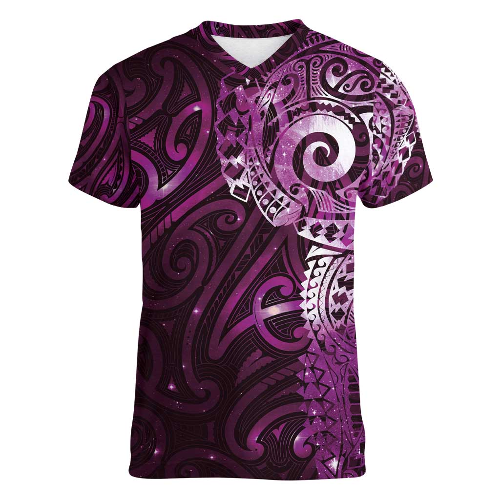 Matariki New Zealand Maori Koru Art Tattoo Women V-Neck T-Shirt New Year Galaxy Pink Sky Style